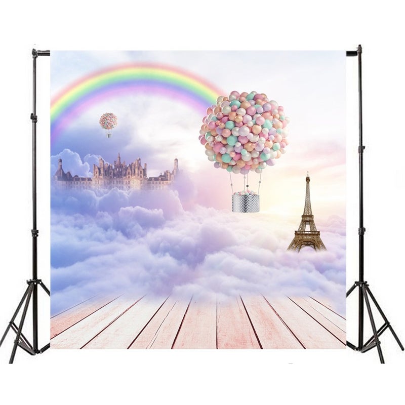 AOFOTO 6x6ft Pastel Rainbow Hot Air Balloon Backdrop for Photography Fantasy Castle Eiffel Tower Decor Clouds Wooden Floor Dreamy Paris Theme Background Baby Shower Kids Birthday Photo Shoot Props - Image 3